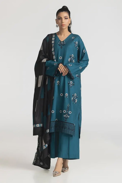 3Pc Dyed Emb Acrylic Suit With Pashmina Dupatta