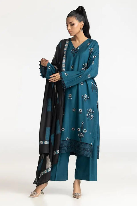 3Pc Dyed Emb Acrylic Suit With Pashmina Dupatta