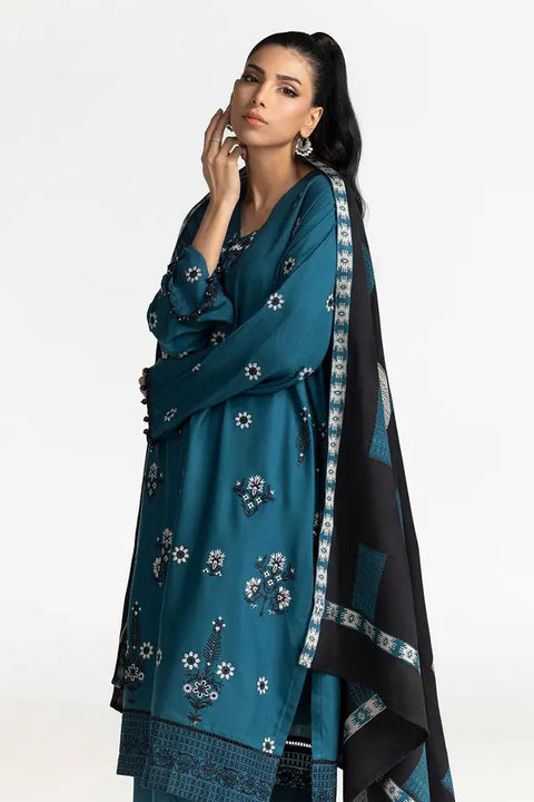 3Pc Dyed Emb Acrylic Suit With Pashmina Dupatta