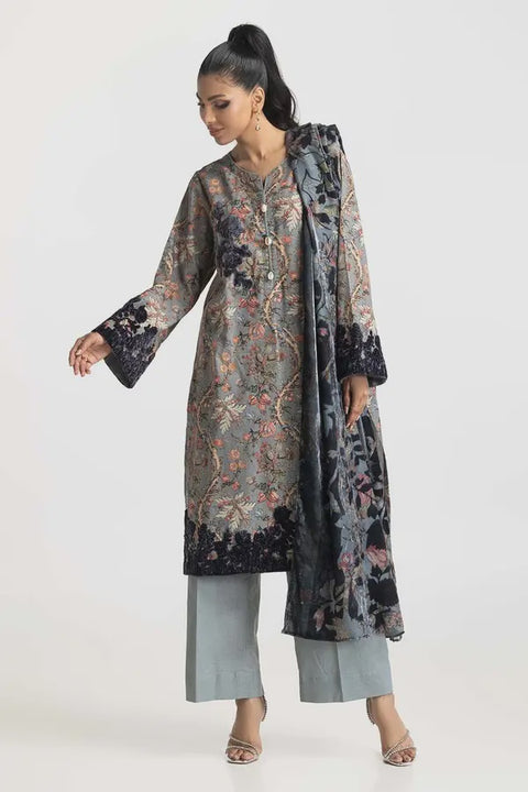 3Pc Printed Emb Khaddar Suit With Burnout Velvet Dupatta