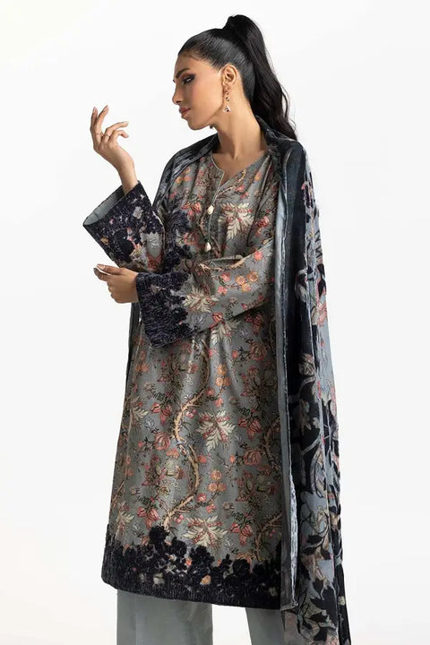 3Pc Printed Emb Khaddar Suit With Burnout Velvet Dupatta