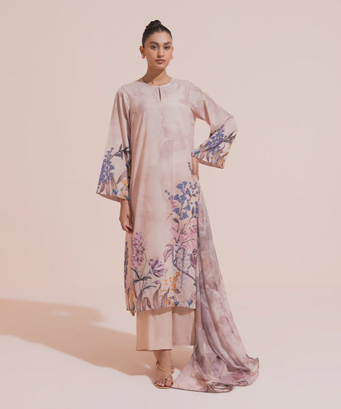 Sapphire 3-Piece Beige Hued Floral Silk Kurta with Trousers & Dupatta