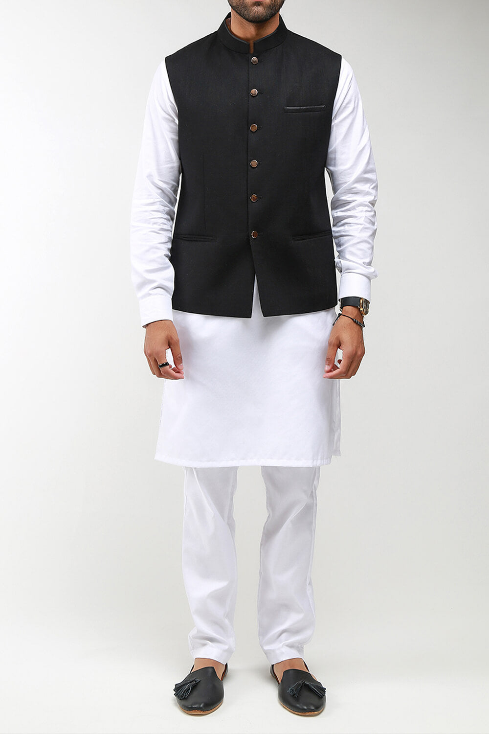 Burooj Man Black Khaddar Satin Piping Slim Fit Men s Waistcoat Burooj Online