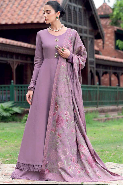 Bareeze Unstitched Winter 23 Lawn Karandi Lilac Ethnic Floral Shawl Design